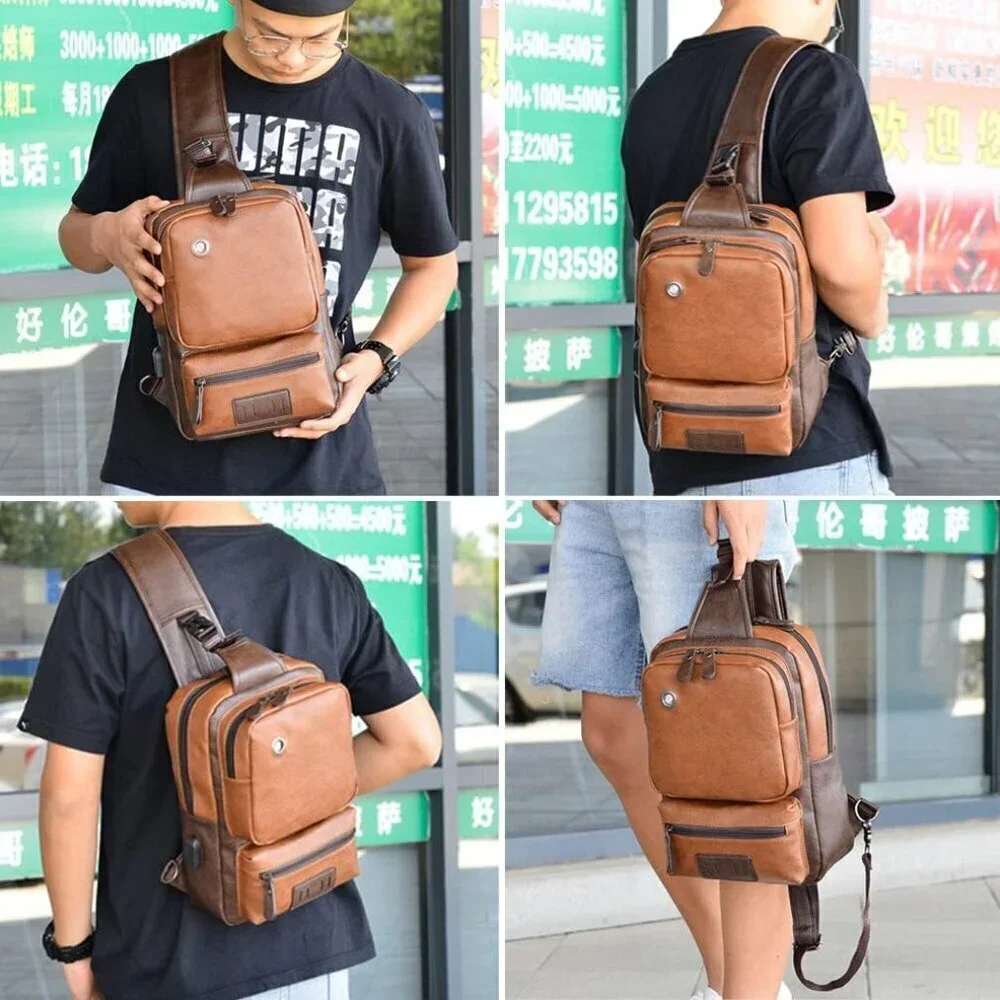 💫 Men Brown Vintage Leather Sling Crossbody Chest Backpack Travel Bags